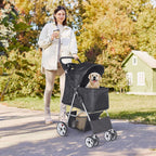 Foldable Cat/Dog Pet Stroller With 4 Wheel, Storage Basket, Cup Holder - Black