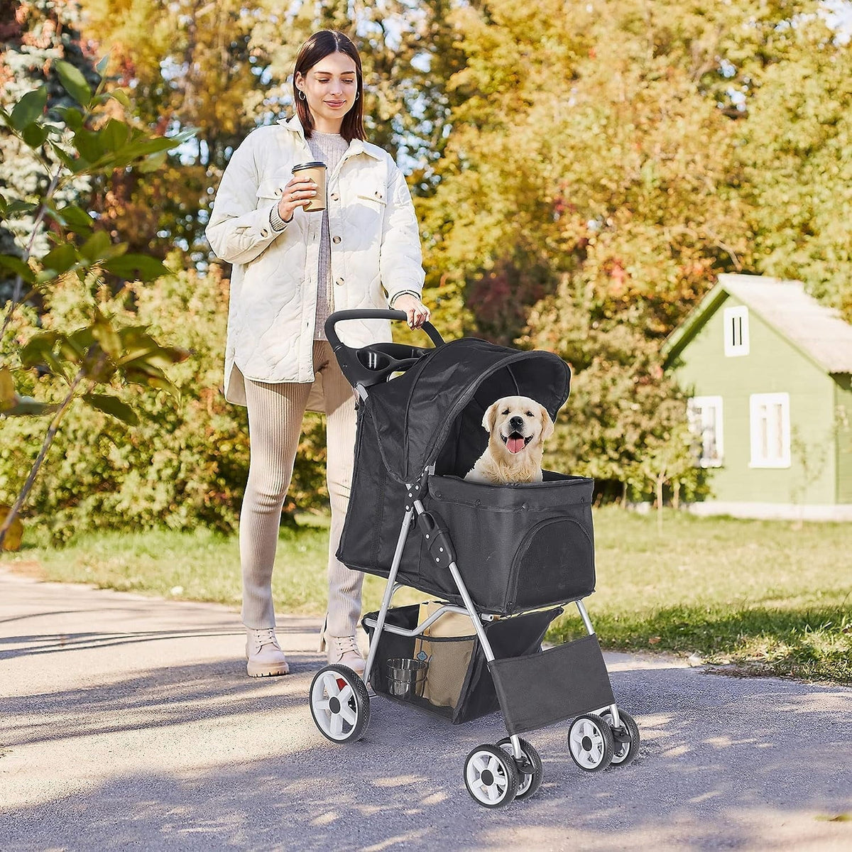 Foldable Cat/Dog Pet Stroller With 4 Wheel, Storage Basket, Cup Holder - Black