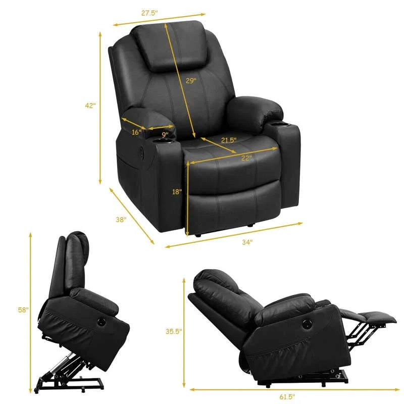 Electric Power Lift Recliner Chair With Leather Massage, Lumbar Heating, 8 Vibrating Nodes, Cup Holders And USB Port
