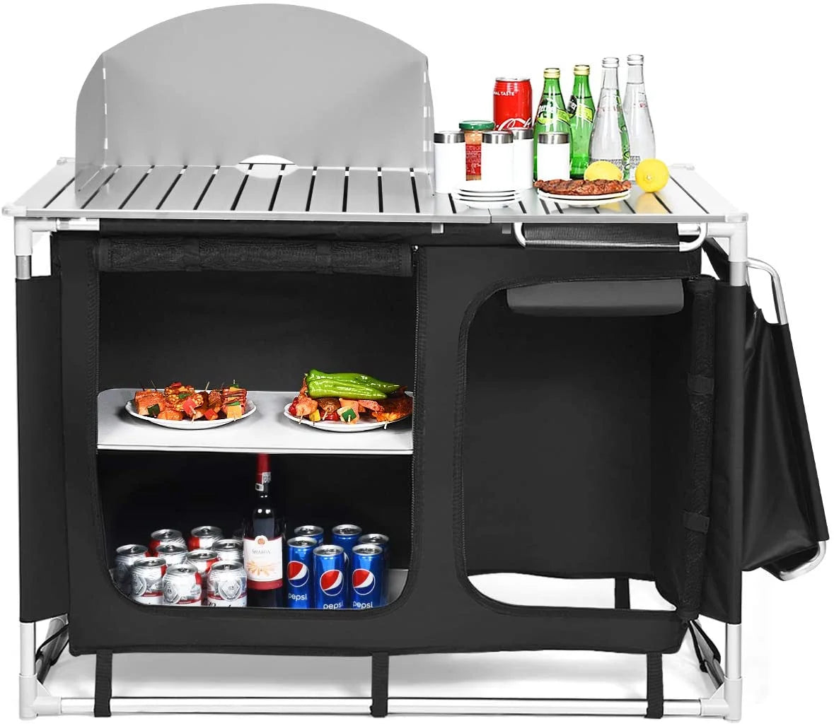 Treasual Portable Camping Kitchen Table, 48 Inch x 21.5 Inch, Windscreen And Storage Organizer