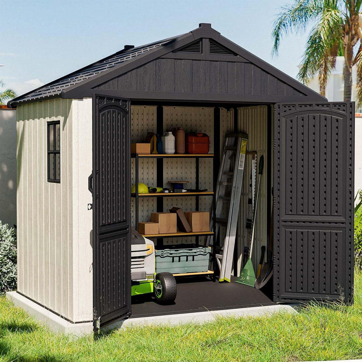 Patiowell Plastic Outdoor Storage Shed With Floor, Window And Lockable Door, 8 x 6 FT, Beige - Kick-it Shed