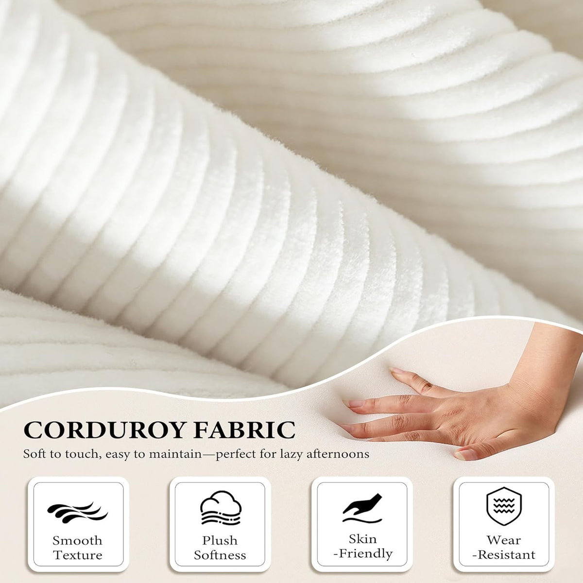 Boneless Folding Futon Sofa Bed, Fixed-Shape Corduroy Upholstered, White, 81 Inches