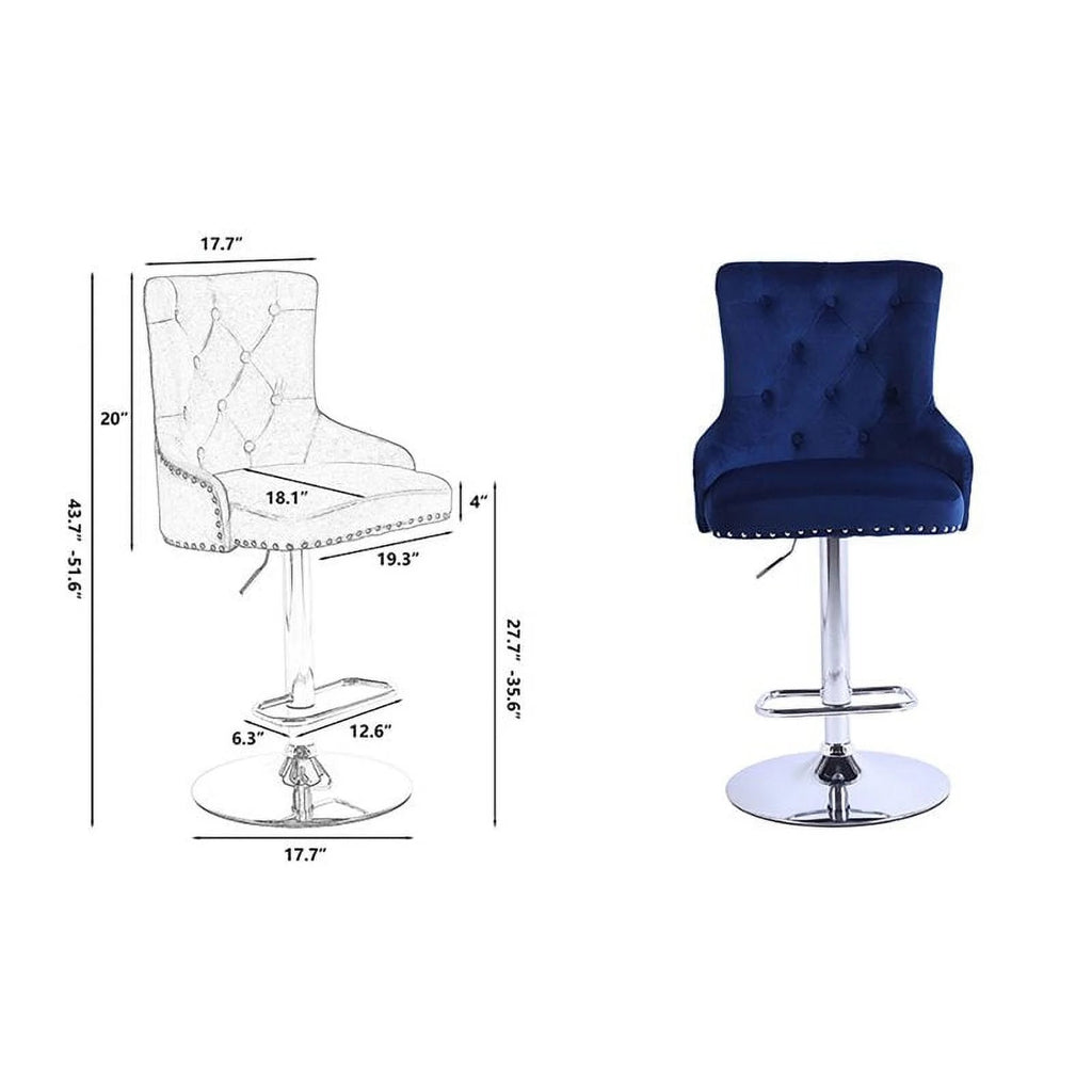 Alexent 2-Piece Swivel Bar Stools, Dark Blue, 43.7-51.6 H, 19.3 W x 18.1 D - Silver Footrest