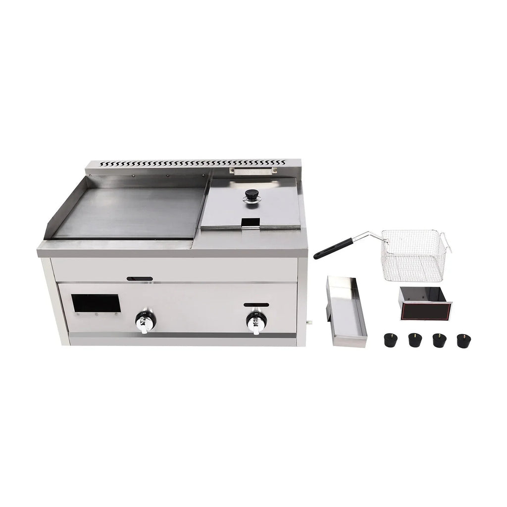 VONZOER Commercial Gas Griddle And Deep Fryer Combo, 2-Burner Stainless Steel, 70x38.5x51cm