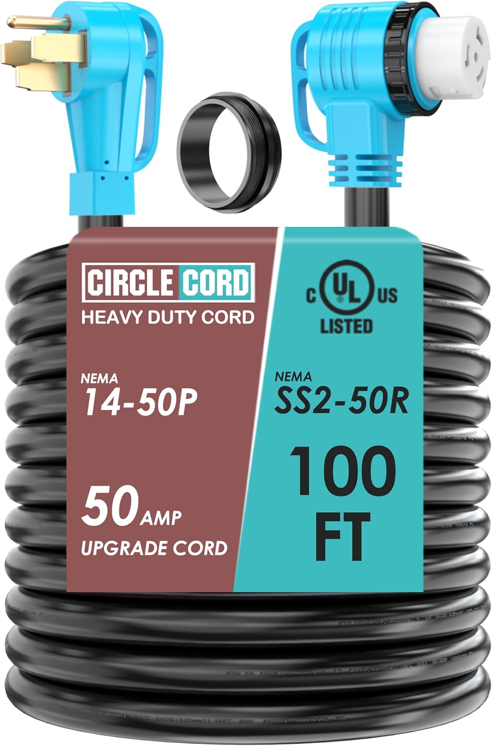 CircleCord 50 Amp 100 Feet RV/Generator Cord, 6/3+8/1 Gauge STW Wire - 14-50P To SS2-50R