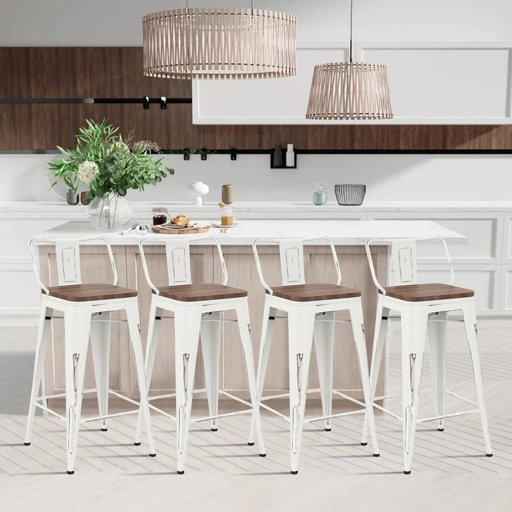 Andeworld Counter Height Industrial Metal Bar Stools With Wooden Seats, Set Of 4, 24 Inch, Distressed White