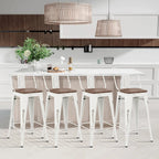 Andeworld Counter Height Industrial Metal Bar Stools With Wooden Seats, Set Of 4, 24 Inch, Distressed White