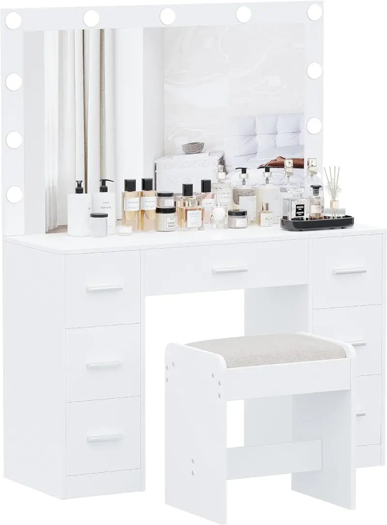 Vanity Desk Set With 11 LED Lighted Mirror, Stool, 3 Color Lighting, White, 15.7 inch, 43.3 inch, 53.1 inch