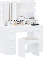 Vanity Desk Set With 11 LED Lighted Mirror, Stool, 3 Color Lighting, White, 15.7 inch, 43.3 inch, 53.1 inch
