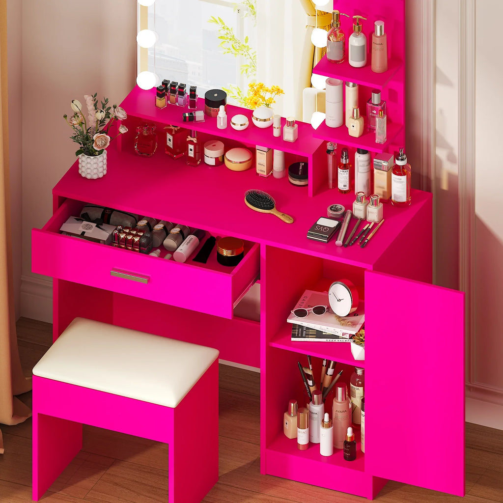 Ktaxon Vanity Makeup Table With Stool, 3-Color Lighted Mirror, 3 Shelves, Drawers, White - 35.43 x 15.55 x 29.53-53.27 in