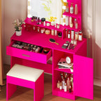 Ktaxon Vanity Makeup Table With Stool, 3-Color Lighted Mirror, 3 Shelves, Drawers, White - 35.43 x 15.55 x 29.53-53.27 in