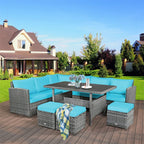 7-Piece Rattan Patio Dining Set With 3 Corner Chairs, 3 Ottomans And Table
