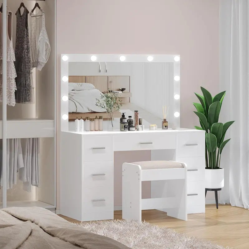 Vanity Desk Set With 11 LED Lighted Mirror, Stool, 3 Color Lighting, White, 15.7 inch, 43.3 inch, 53.1 inch