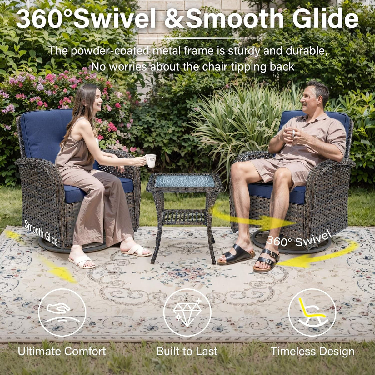 Belord 3-Piece Patio Swivel Rocking Chair Set With Side Table - Brown/Blue