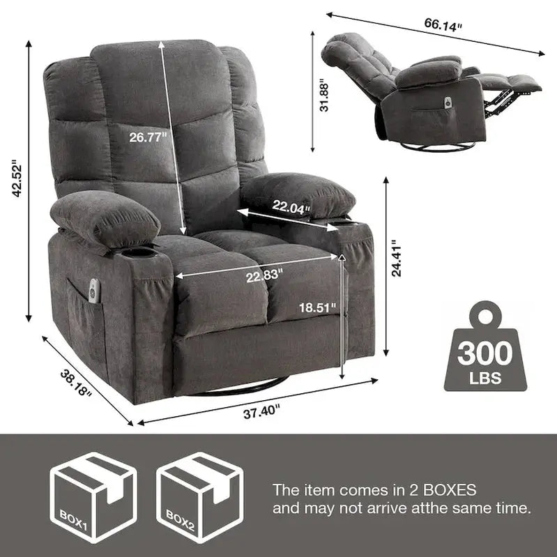 Oversized Massage Recliner Chair With Heat, 150 Degree Recline, 30 Degree Rocking, Dual USB Ports And 2 Cup Holders - Grey