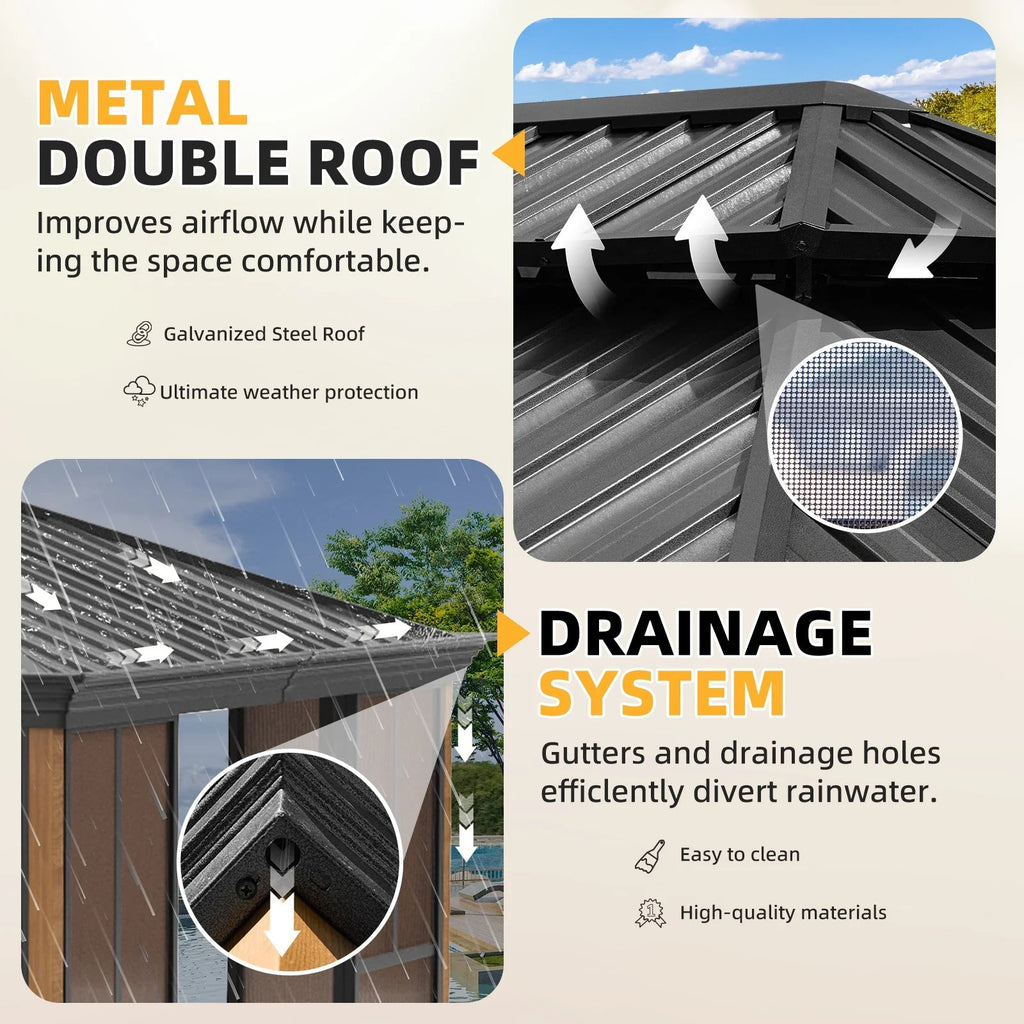 EROMMY Sunroom 10 x 12 ft With Galvanized Steel Double Roof, Aluminum Alloy Frame, Wood Grain Appearance