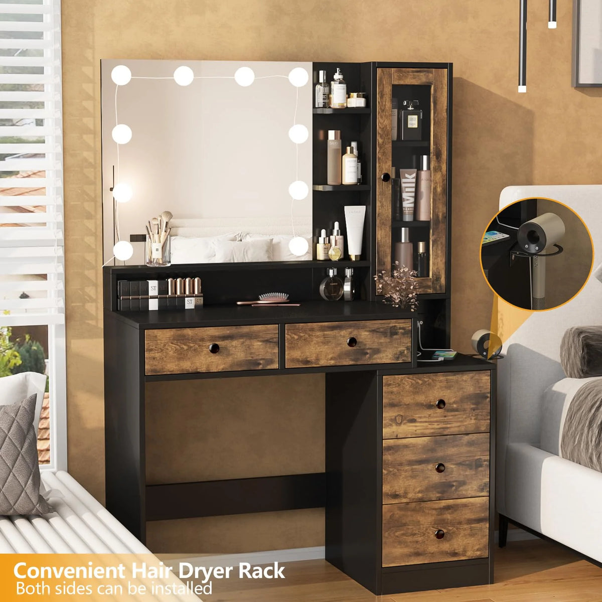 VEANERWOOD Makeup Vanity Desk With Lighted Mirror, Power Strip, 5 Drawers, White - 39.4in x 15.7in x 56.7in