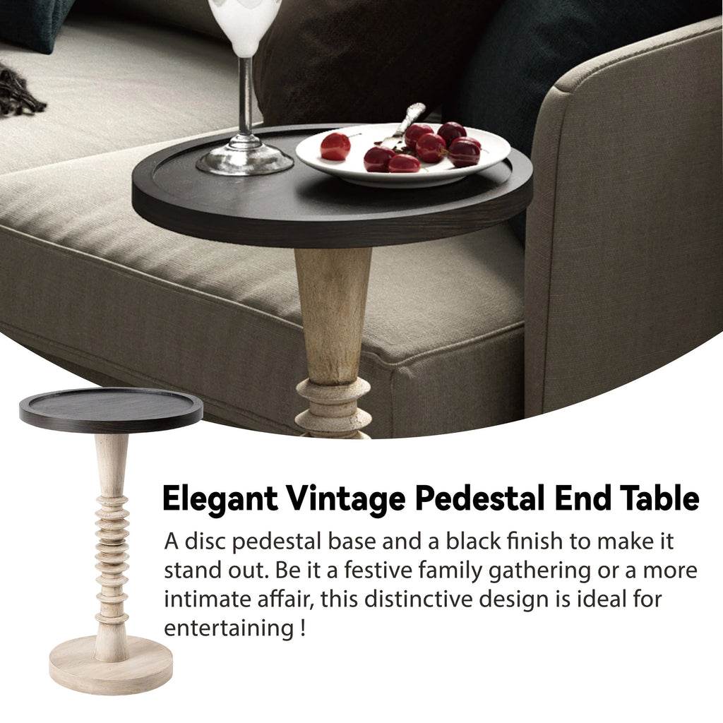 Pedestal End Table With Round Tray Top And Distressed Finish