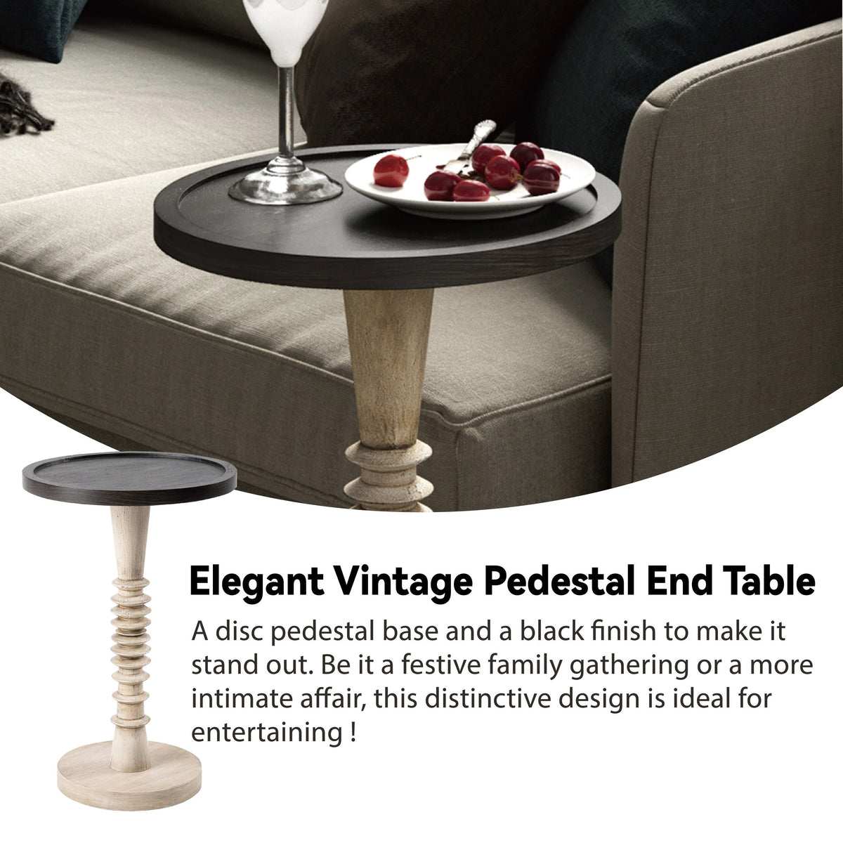 Pedestal End Table With Round Tray Top And Distressed Finish