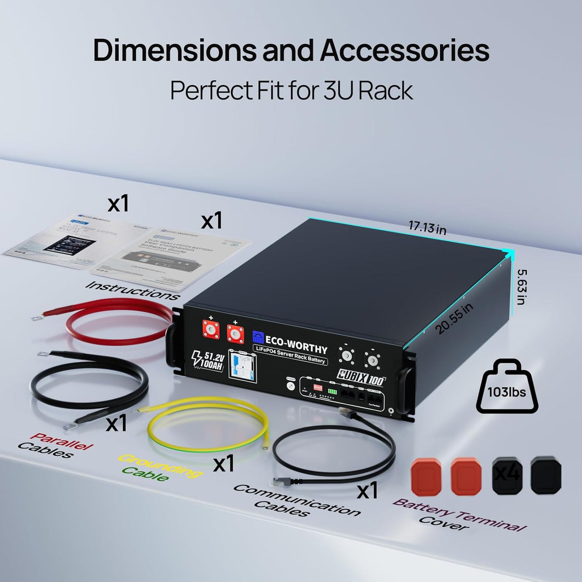 ECO-WORTHY 48V 100Ah 5120Wh LiFePO4 Server Rack Battery With Bluetooth - Cubix 100