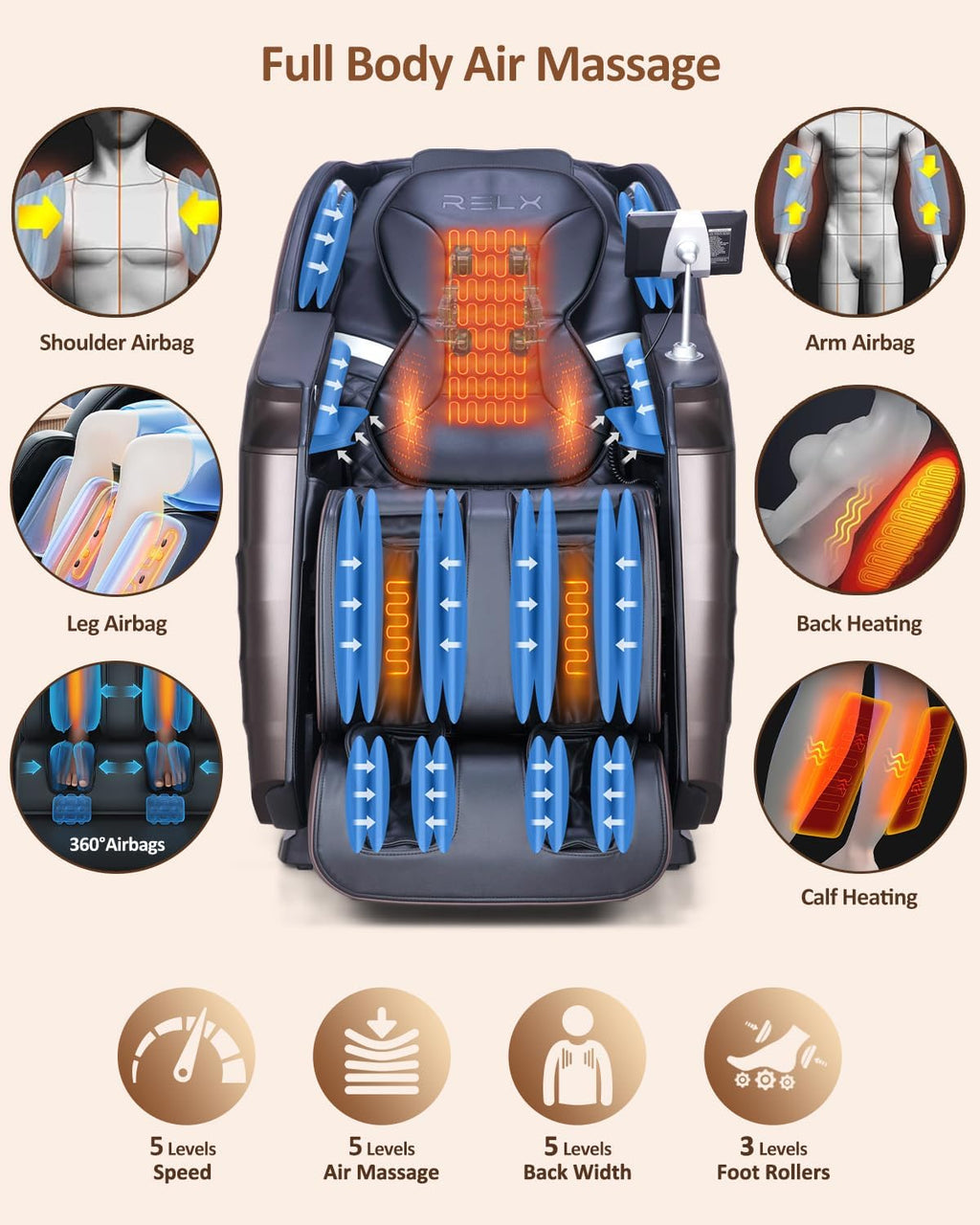 RELX Full Body Massage Chair, 20 Modes, 53-inch SL-Track, Brown