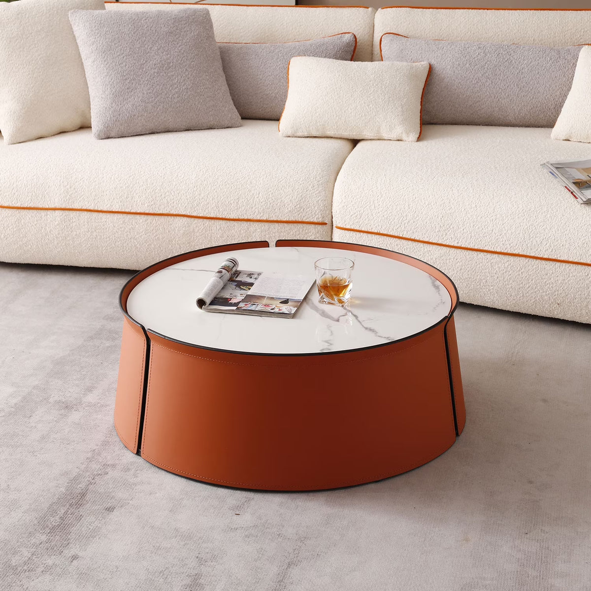 Coffee Table, 31.5 Inch Marble Top, Orange Saddle Leather Body, Iron Frame