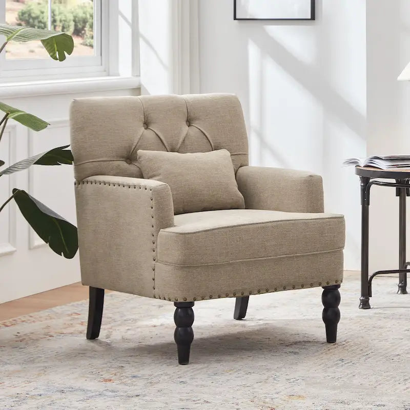 Set Of 2 Upholstered Button-Tufted Accent Chairs With Lumbar Pillows - 30 x 29 x 35 inches