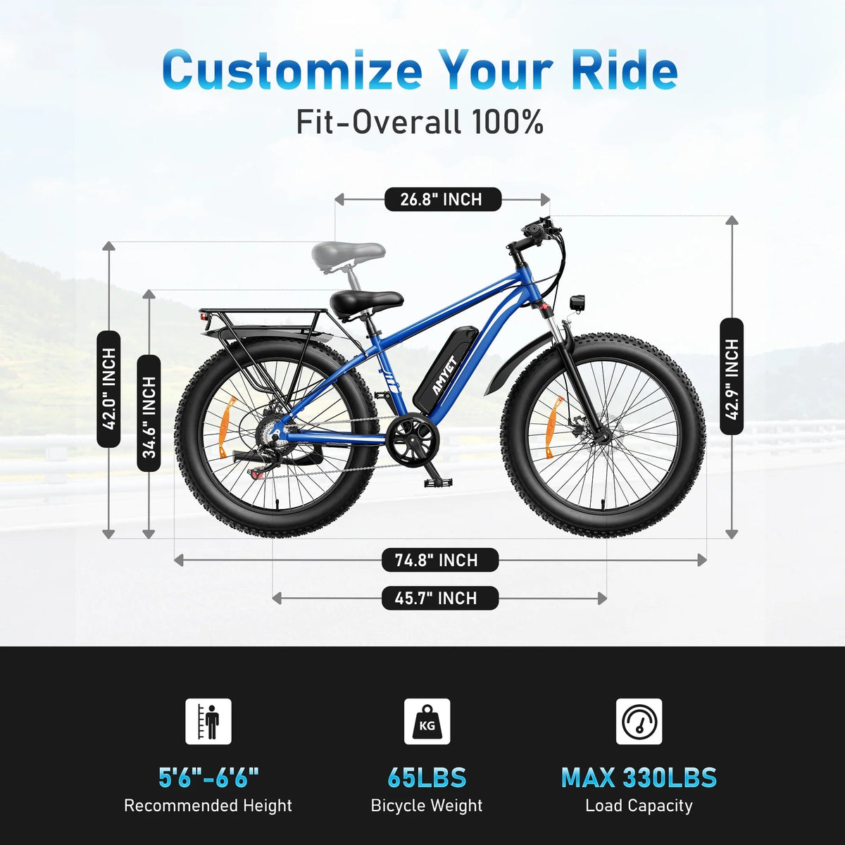AMYET 26 x 4 Fat Tire Electric Mountain Bike, 48V 15Ah, 7-Speed - EB26