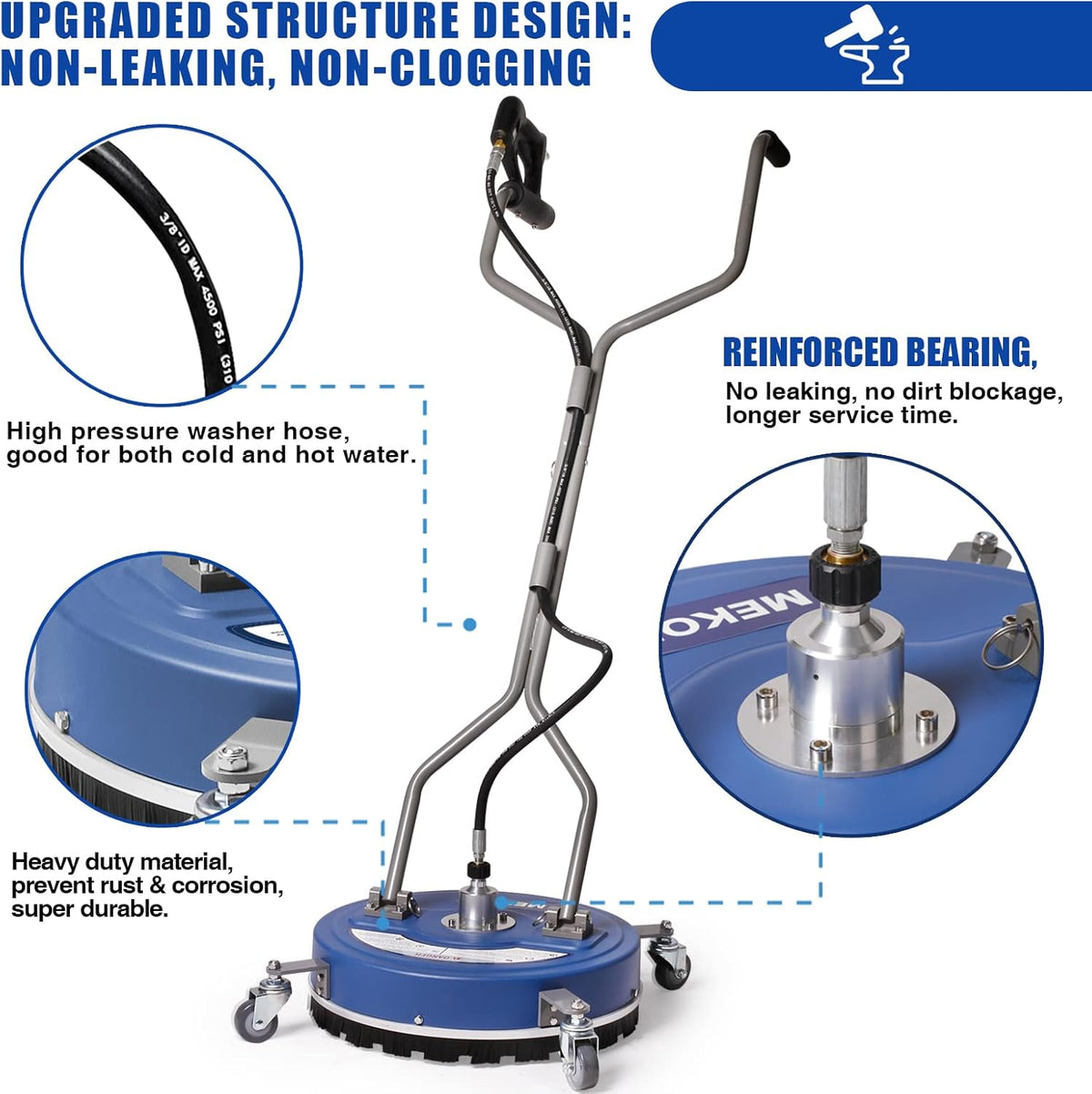 MEKOH Pressure Washer Surface Cleaner Attachment 20 inch 4500 PSI With Wheels And 3/8 inch Quick-Connect
