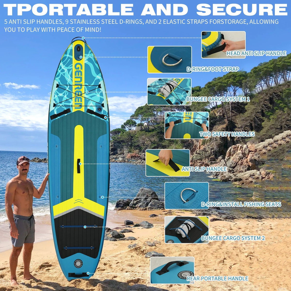 Genreen Inflatable Fishing Stand Up Paddle Board 11in With Full SUP Accessories
