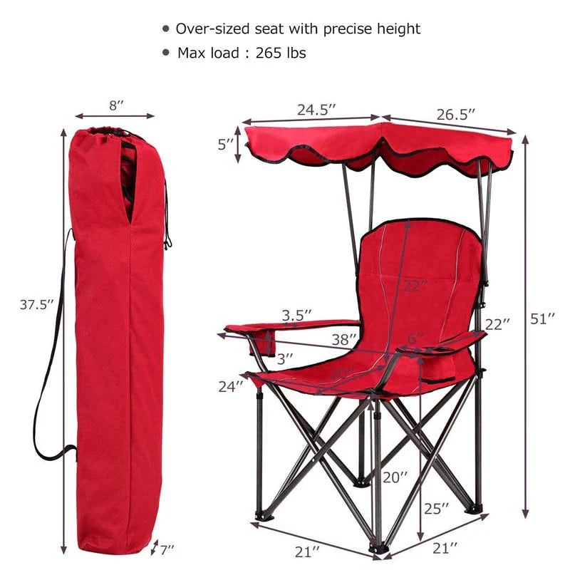 Outdoor Canopy Folding Beach Chair With 2 Cup Holders, 600D PVC Fabric - 38in x 26.5in x 51in