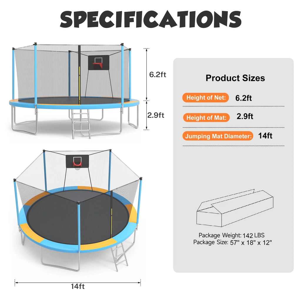 SHINPT 14ft Outdoor Trampoline With Safety Net, Basketball Hoop And Ladder