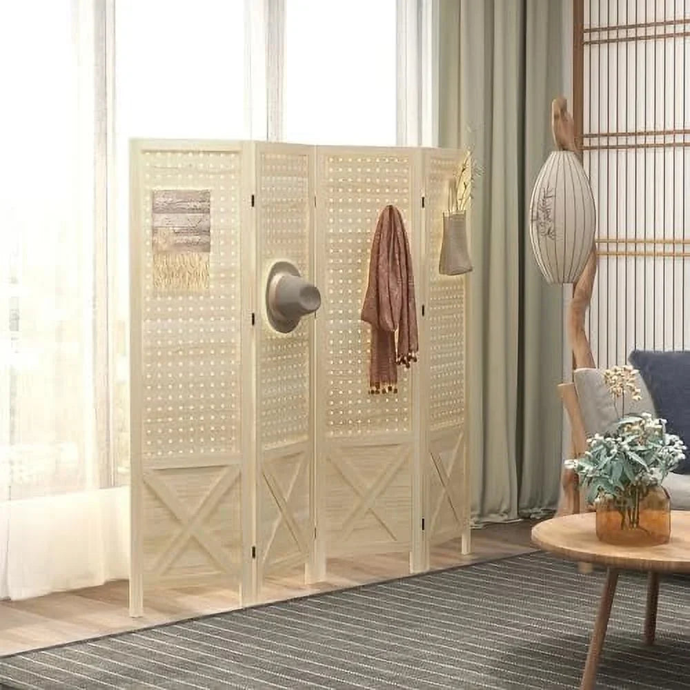 CHFBC 4-Panel Pegboard Room Divider 4.7' Tall Natural