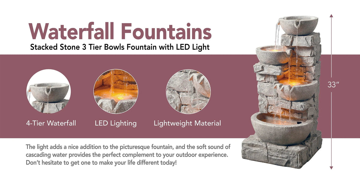 Teamson Home Outdoor Stacked Stone Tiered Water Fountain With LED Lights, Gray - 33.25in