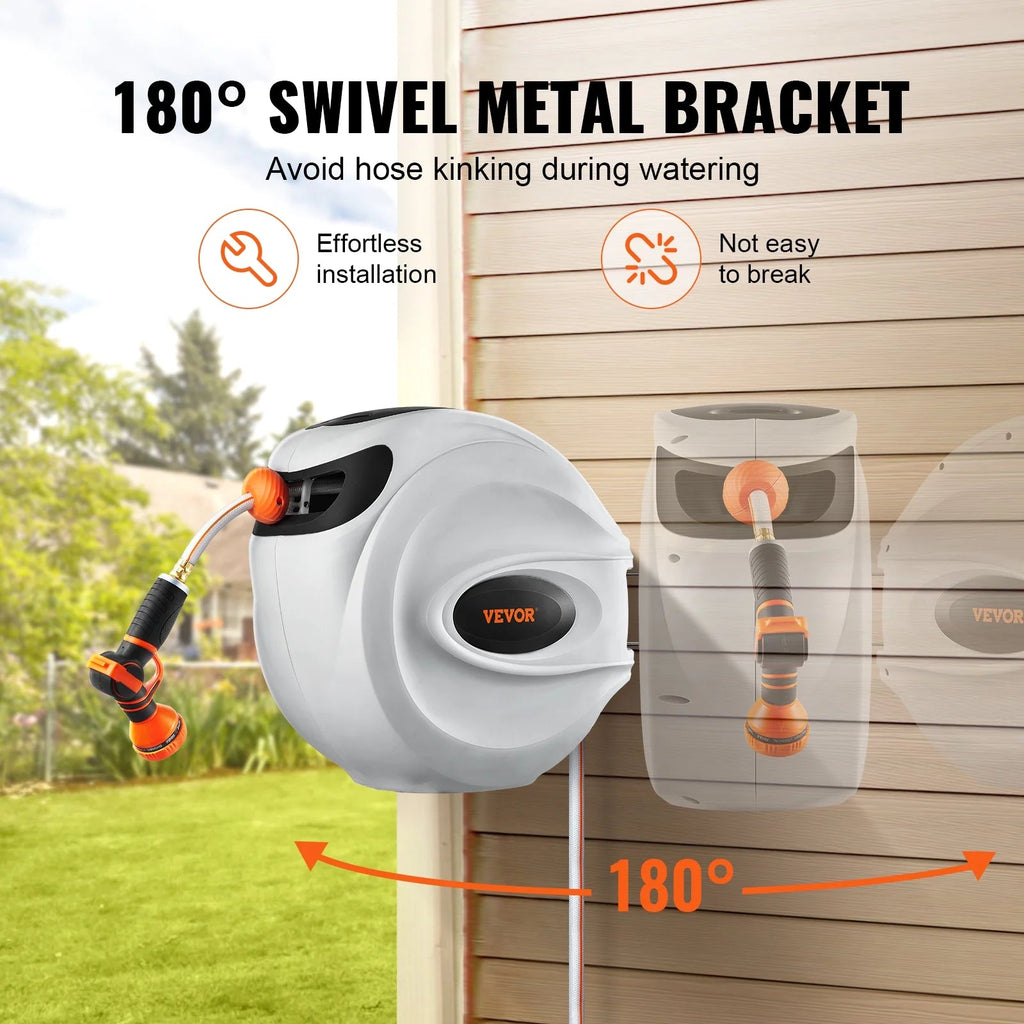 VEVOR Retractable Garden Hose Reel, 100 ft x 1/2 inch, Wall-Mounted With 9-Pattern Nozzle