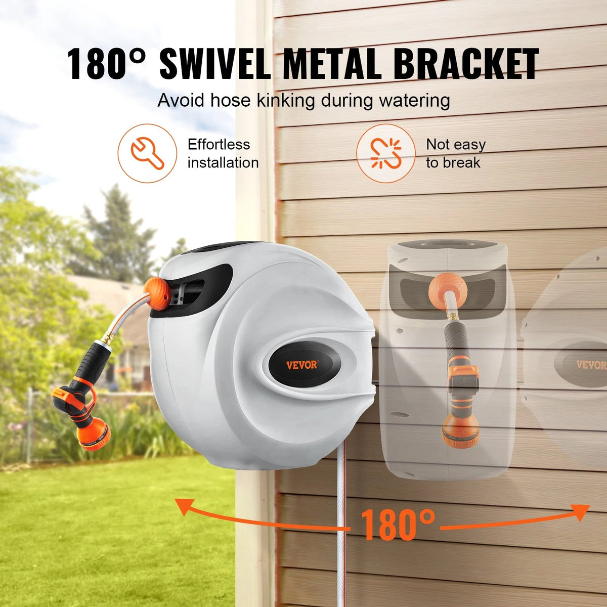 VEVOR Retractable Garden Hose Reel, 100 ft x 1/2 inch, Wall-Mounted With 9-Pattern Nozzle