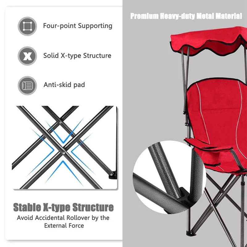 Outdoor Canopy Folding Beach Chair With 2 Cup Holders, 600D PVC Fabric - 38in x 26.5in x 51in
