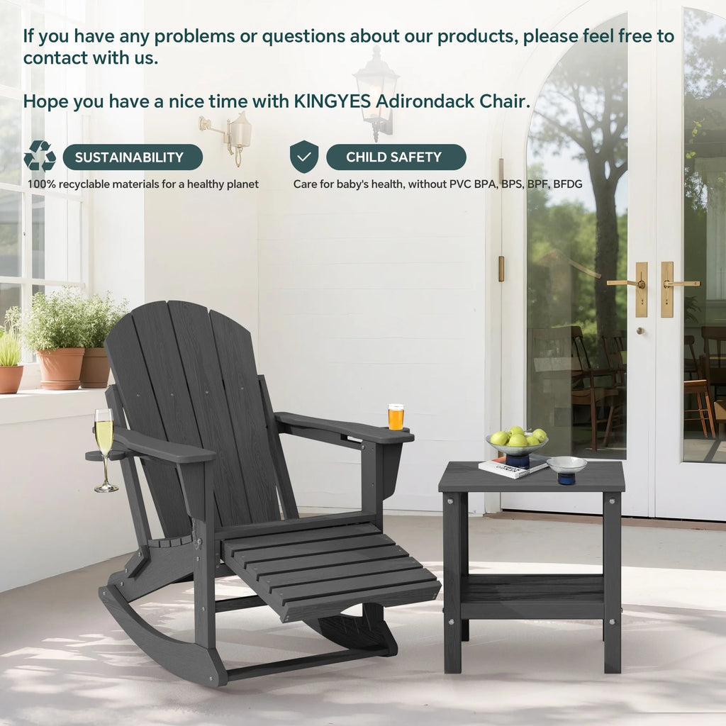 KINGYES Folding Adirondack Rocker Chair Set Of 2 With Footrest And Dual Cup Holders - Black