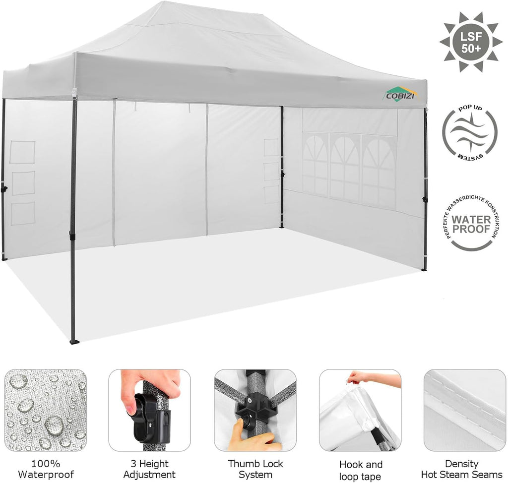 COBIZI Pop-Up Canopy Tent 10x15ft With 4 Sidewalls, White