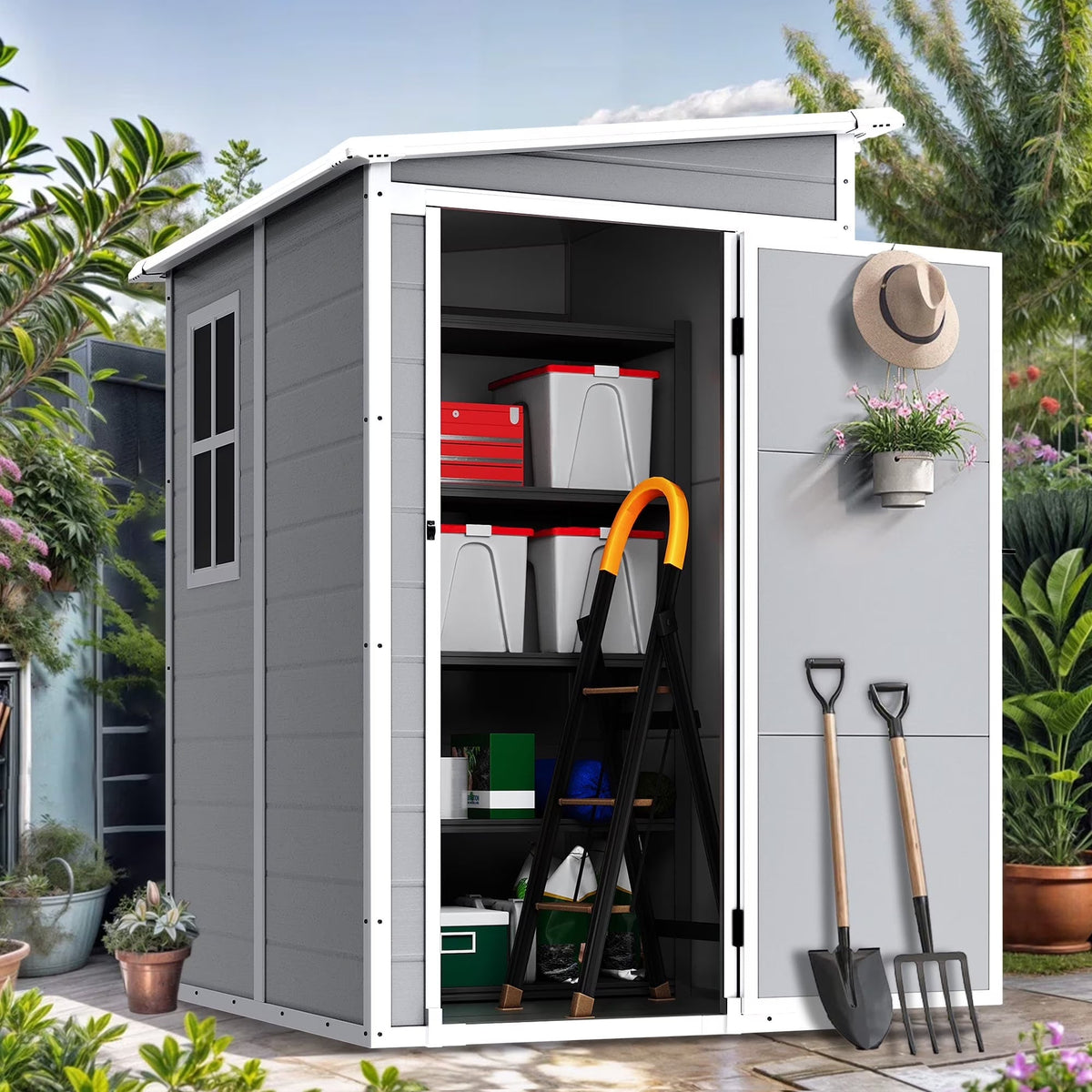 Seizeen Resin Outdoor Storage Shed With Floor, Light Gray, 82 in H