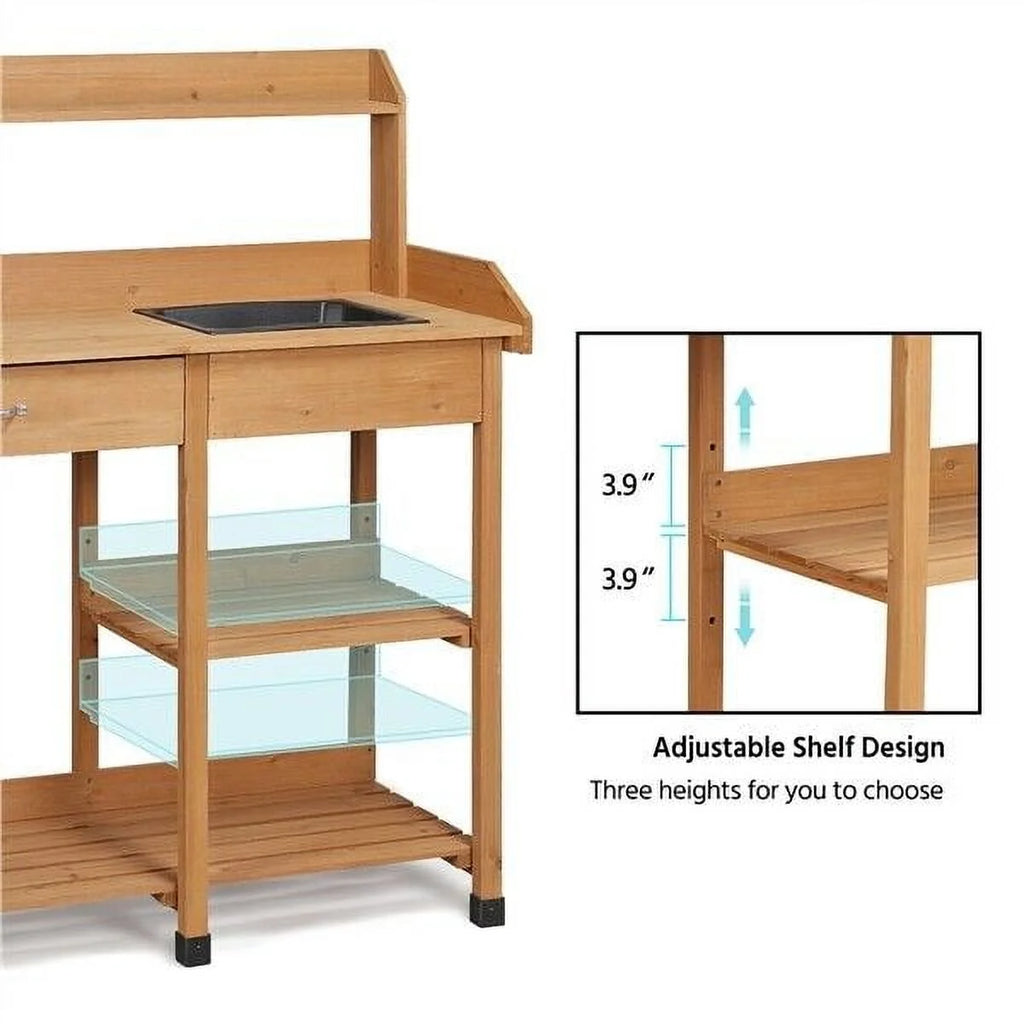 Veado Potting Bench With Sink, Drawer, Rack And Shelves, 45.2 x 17.7 x 47.6 in - Natural Wood