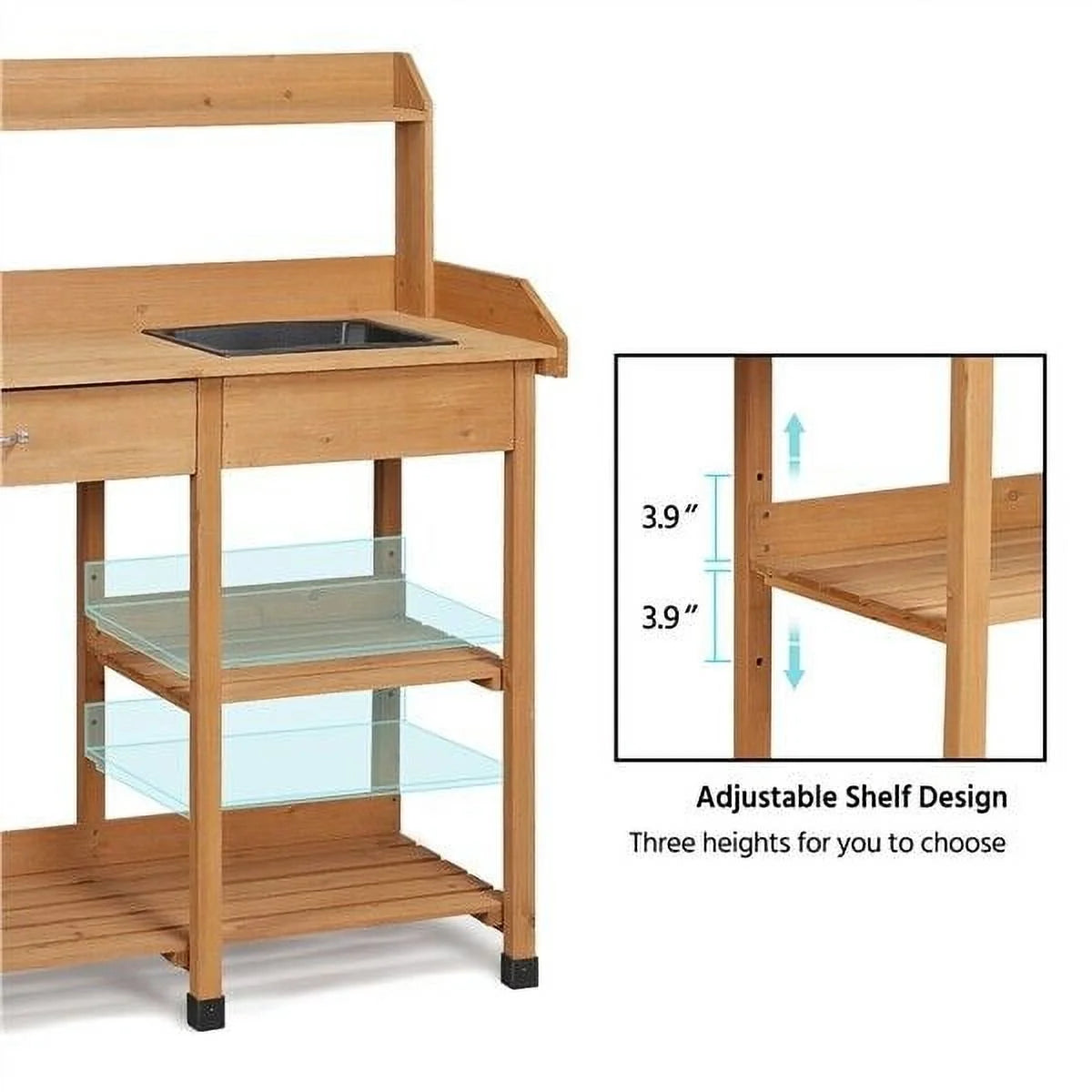 Veado Potting Bench With Sink, Drawer, Rack And Shelves, 45.2 x 17.7 x 47.6 in - Natural Wood