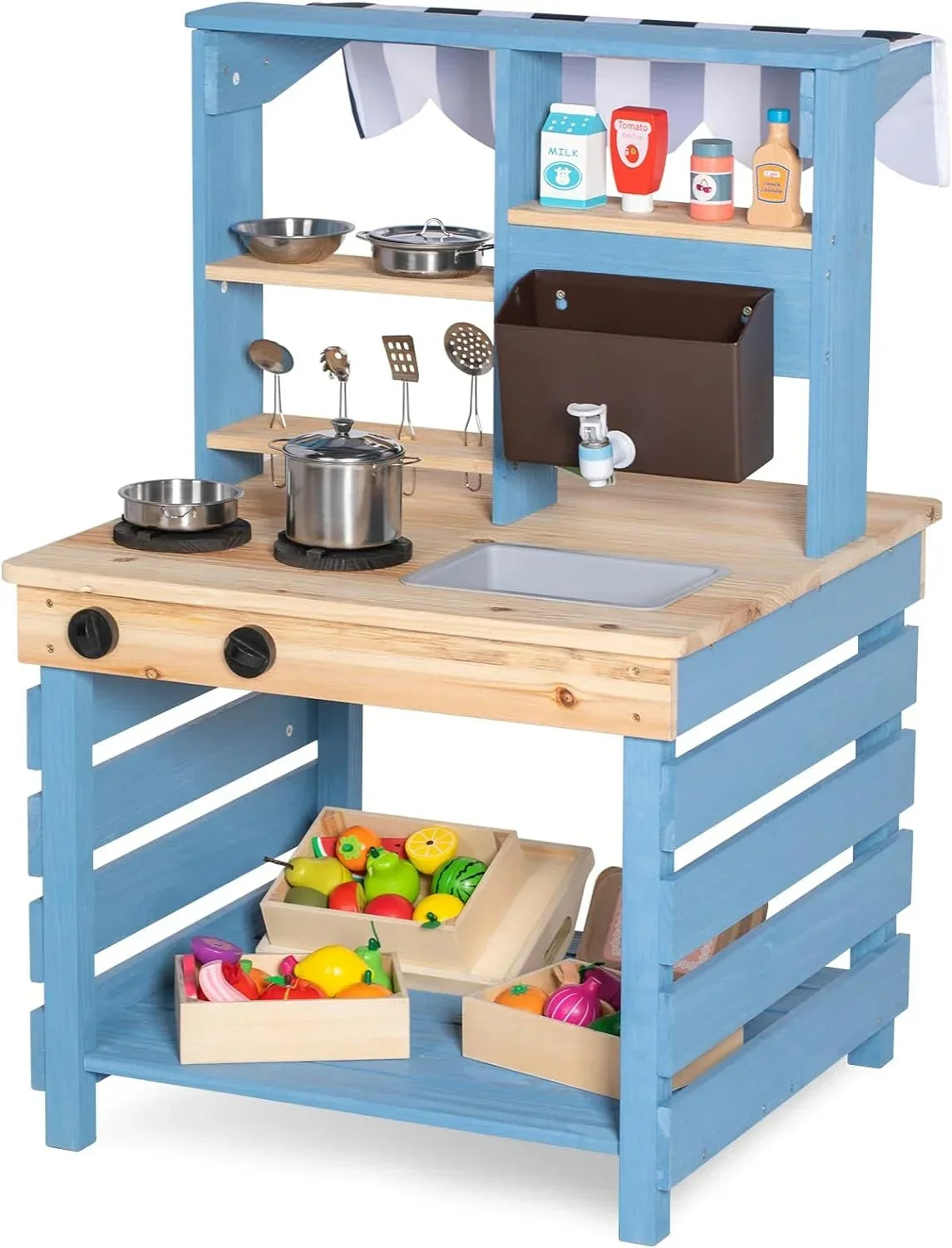 Brinjoy Kids Mud Kitchen Playset, Double-Sided Wooden, Blue, 22.5 x 21.5 x 33.5 in