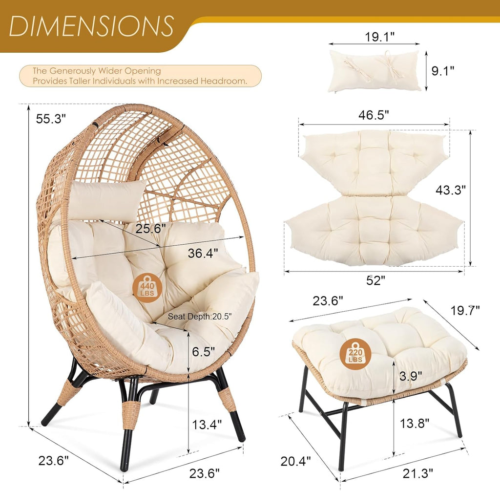 NICESOUL Wicker Egg Chair With Ottoman, Beige - 440 Lbs