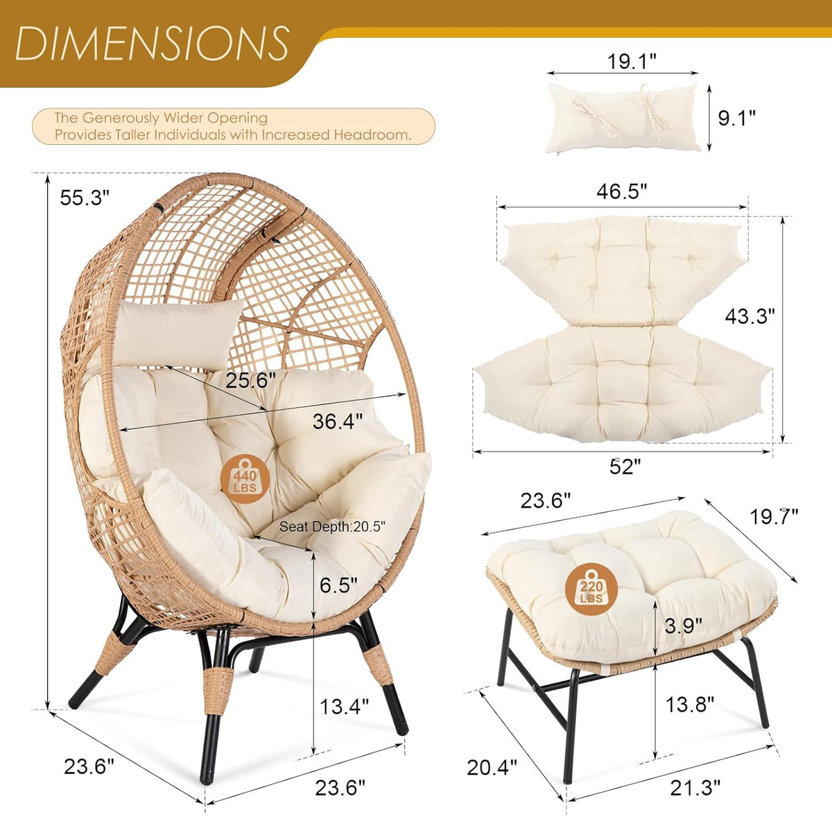 NICESOUL Wicker Egg Chair With Ottoman, Beige - 440 Lbs