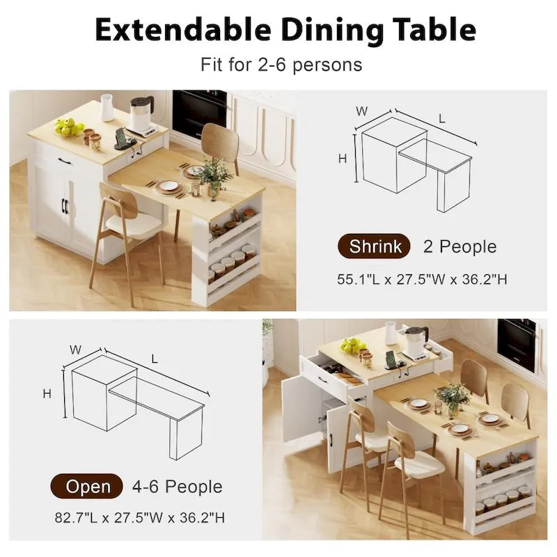 82.7 Wooden Kitchen Island With Extendable Dining Table And Double-Sized Storage