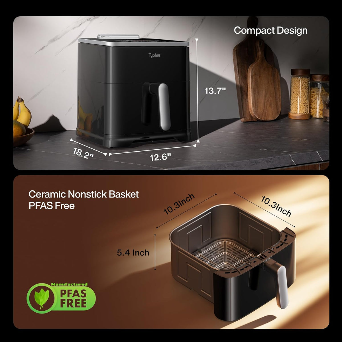 Typhur Sync AI Smart Air Fryer, 8QT Ceramic, Wireless Meat Thermometer, 450F, 120V