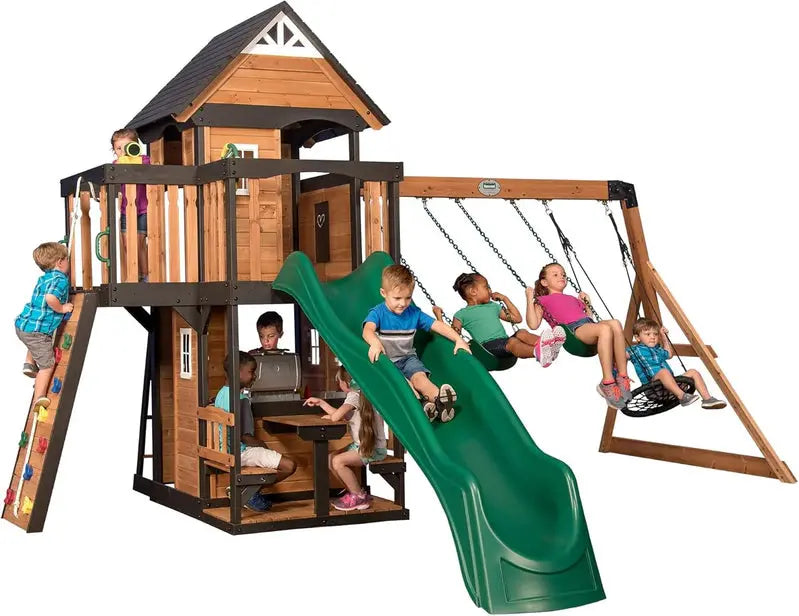 Backyard Discovery Canyon Creek Cedar Wood Swing Set With Wave Slide, Clubhouse, Play Kitchen, 183 x 188 x 119 Inches