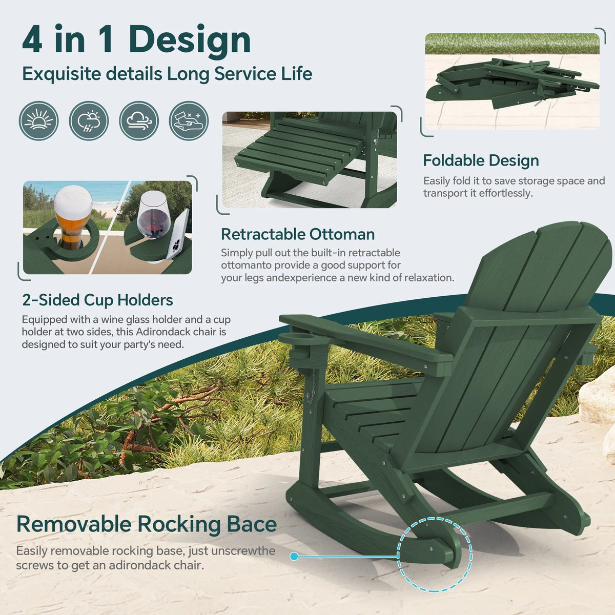 KINGYES Folding Adirondack Rocker Chair Set Of 2 With Footrest And Dual Cup Holders - Black