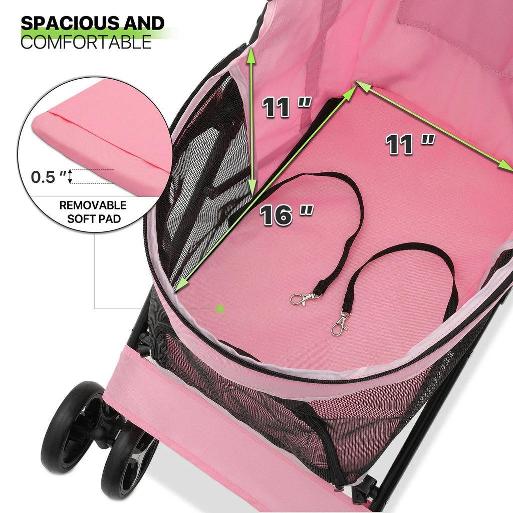 Magshion 4 Wheel Foldable Pet Stroller for Small Medium Dogs, Pink, 22 lbs
